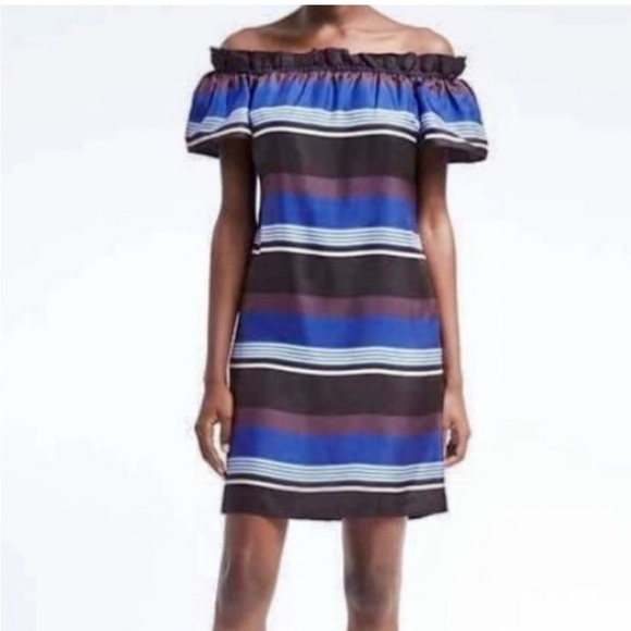 Banana Republic Silk Striped Off Shoulder A Line Dress Midi Knee Length Casual - Picture 1 of 11